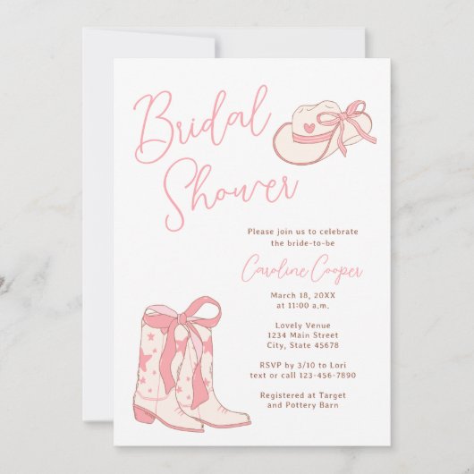 Invitation Bottes rodéo rose occidentale avec Fête des mariée (Devant)