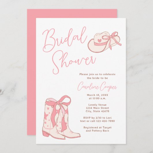 Invitation Bottes rodéo rose occidentale avec Fête des mariée (Devant / Derrière)