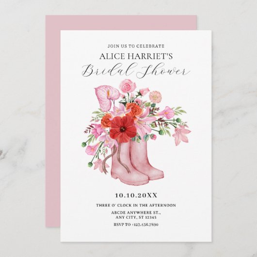 Invitation Bottes roses bouquet de fleurs douche nuptiale (Devant / Derrière)