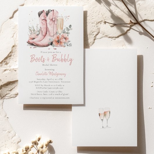 Invitation Bottes roses et Fête des mariées en verre de champ