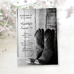 Invitation Bottes rustiques Cowboy Sweet 16 Grange fête d'ann<br><div class="desc">Invités Invitations à votre prochaine fête d'avant-jour avec la Rustic Cowboy Boots Western Sweet 16 Anniversaire de fête Invitation. Cet invitation de soirée sweet sixteen d'avant-jour de campagne chic personnalisé dispose d'une photo en noir et blanc numériquement rehaussée d'une paire de bottes de cow-boy occidentales en cuir avec un arrière...</div>