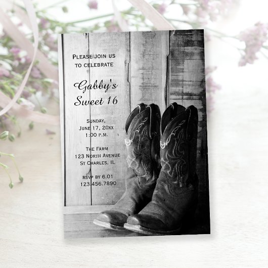 Invitation Bottes rustiques Cowboy Sweet 16 Grange fête d'ann