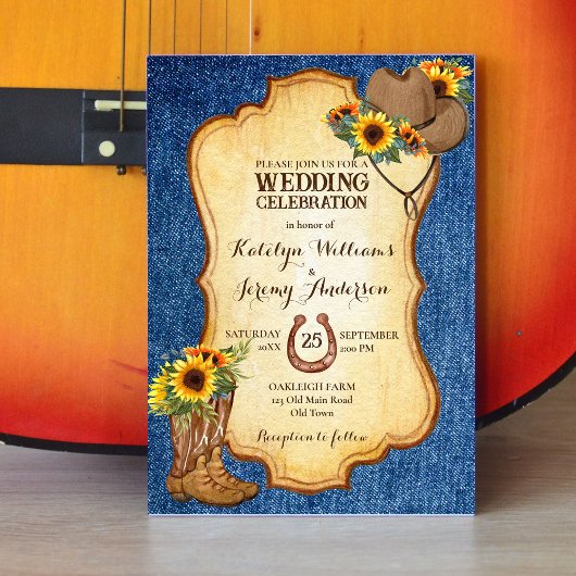 Invitation Bottes rustiques de cowboy et denim de tournesol c