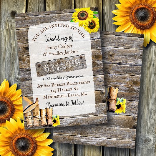 Invitation Bottes rustiques de cowboy et Mariage de tournesol
