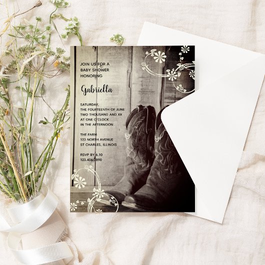 Invitation Bottes rustiques Fleurs Pays Baby shower Ouest