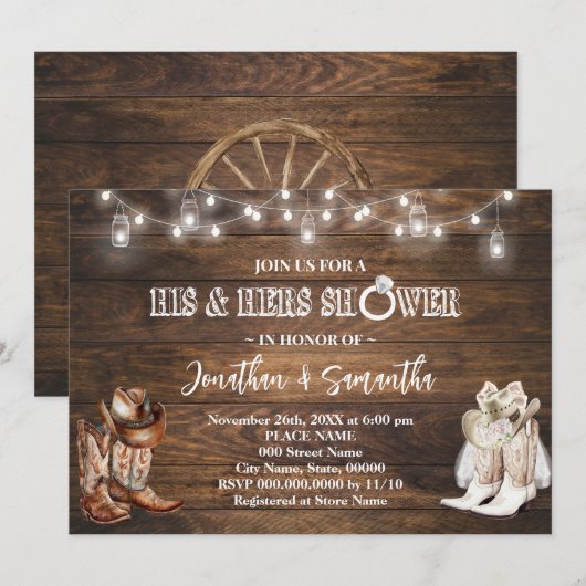 Invitation Bottes Wedding showers de Cowboy de Western His et (Devant / Derrière)