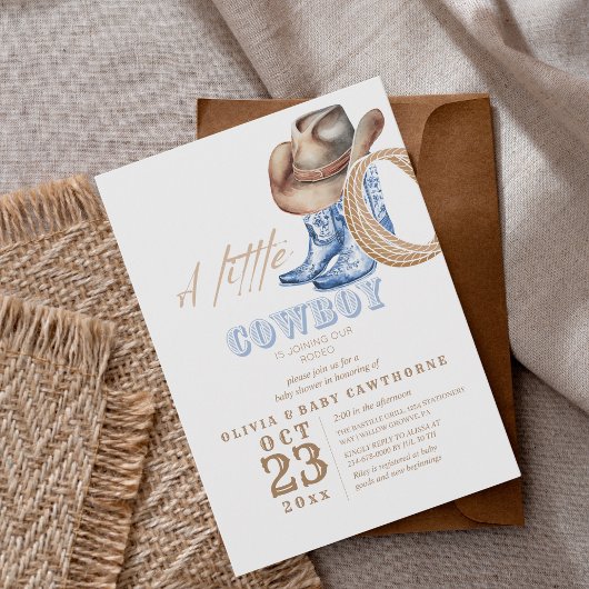 Invitation Bottes Western Baby shower Cowboy Pastel