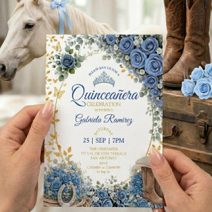 Invitation Bottes Western Roses Bleues Dorées Quinceañera