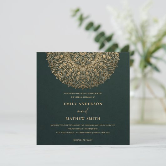 INVITATION BOTTLE VERT OR CLASSIQUE ORNATE MANDALA MARIAGE (Debout devant)