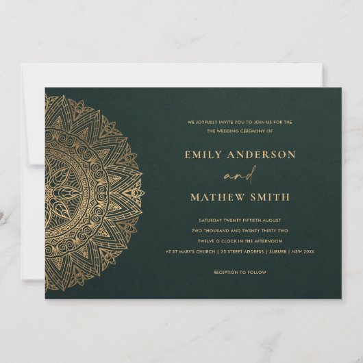 INVITATION BOTTLE VERT OR CLASSIQUE ORNATE MANDALA MARIAGE (Devant)