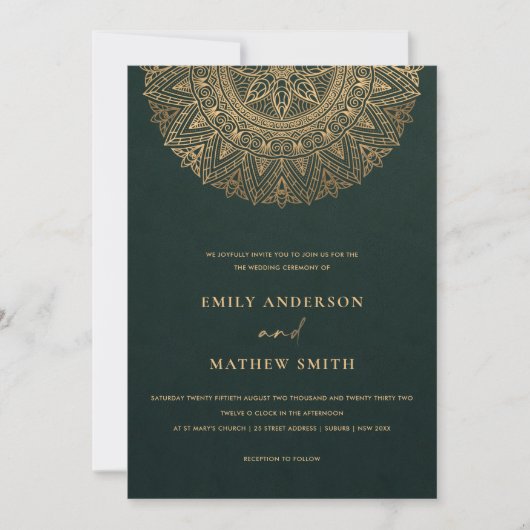 INVITATION BOTTLE VERT OR CLASSIQUE ORNATE MANDALA MARIAGE (Devant)