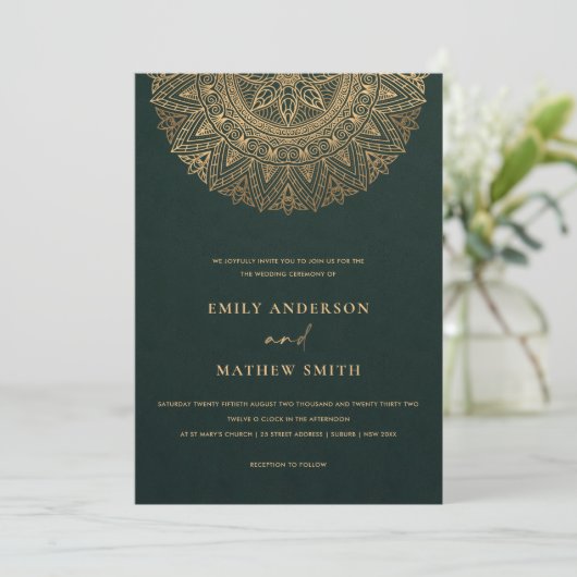 INVITATION BOTTLE VERT OR CLASSIQUE ORNATE MANDALA MARIAGE (Debout devant)