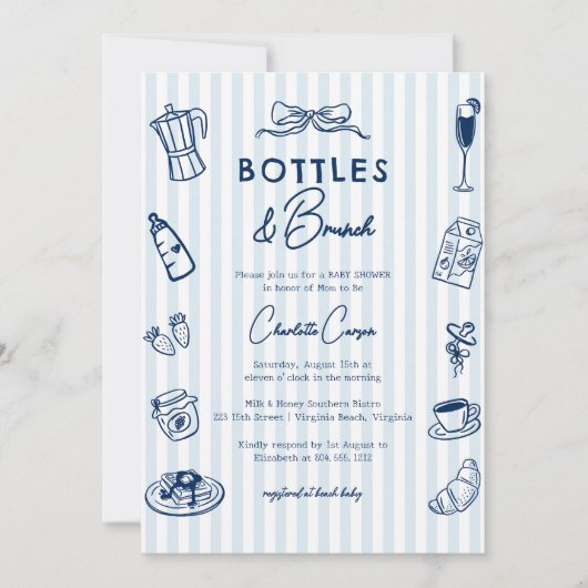 Invitation Bottles and Brunch Doodle Baby Shower Blue Striped (Devant)