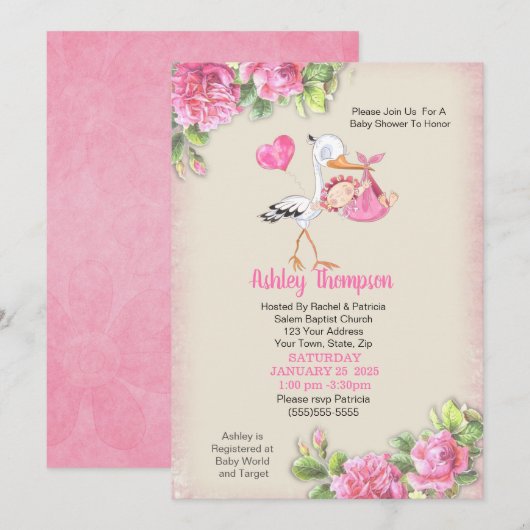 Invitation Bouche et aquarelle Fleurs Filles Baby shower (Devant / Derrière)