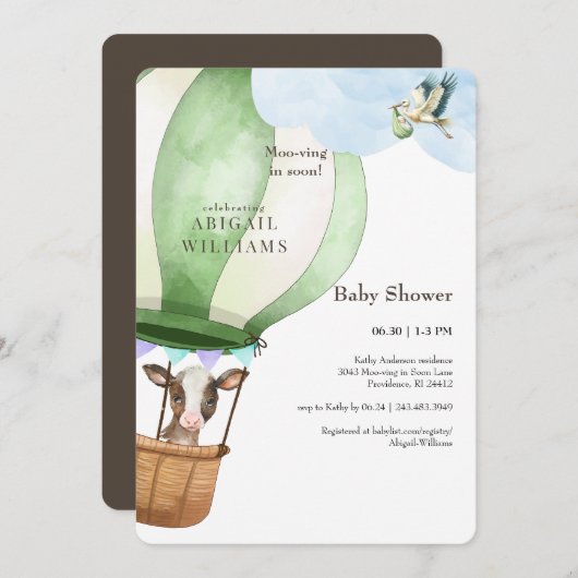 Invitation Bouche et vache Moo-ving dans le Baby shower Brown (Devant / Derrière)