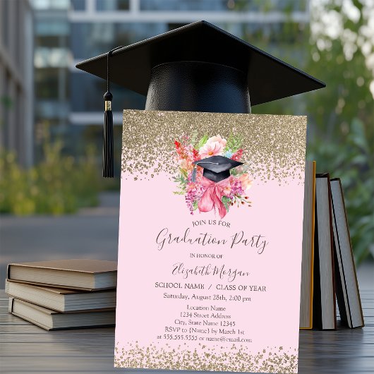 Invitation Bouchon de graduation florale, Diamètre Pink Gradu