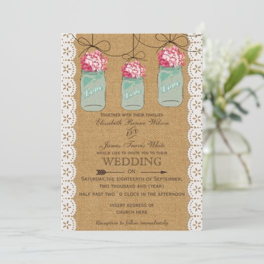 Invitation bouchon d'hydrangée mariage de pot de mason rustiq (Debout devant)