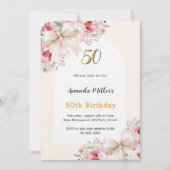 Invitation Boucles beige florale rose arc luxe anniversaire (Devant)