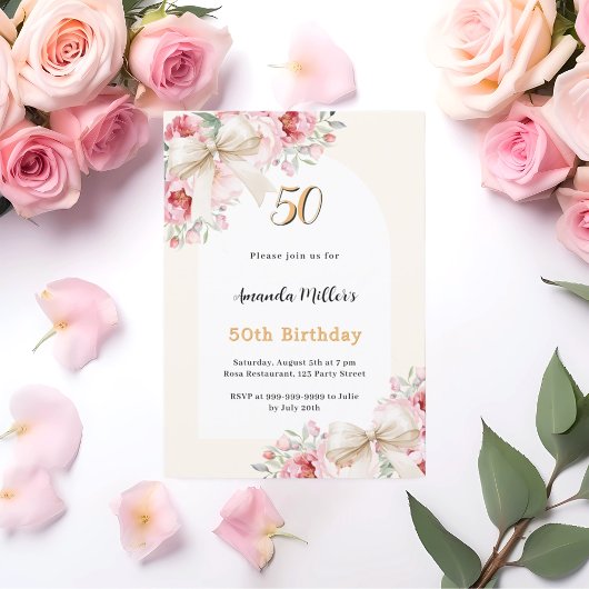 Invitation Boucles beige florale rose arc luxe anniversaire