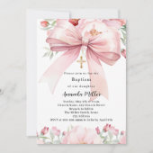 Invitation Boucles d'arc rose fille Baptême (Devant)