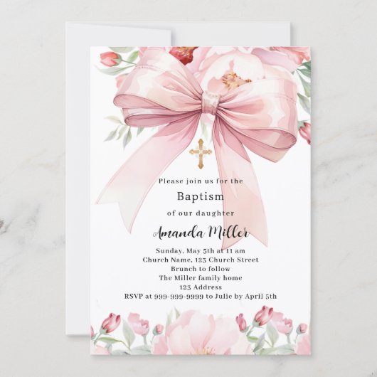 Invitation Boucles d'arc rose fille Baptême (Devant)