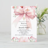 Invitation Boucles d'arc rose fille Baptême (Debout devant)
