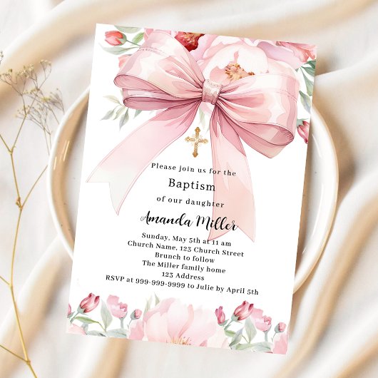 Invitation Boucles d'arc rose fille Baptême