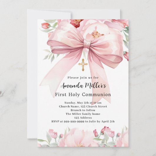 Invitation Boucles d'arc rose fille Première communion (Devant)