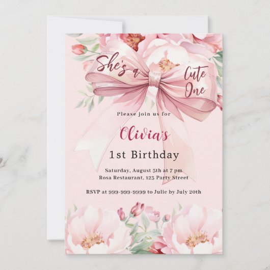 Invitation Boucles d'arc rose pâle mignon un 1er anniversaire (Devant)
