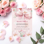 Invitation Boucles d'arc rose pâle Quinceanera<br><div class="desc">Une élégante arrière - plan rose vif,  décorée d'un grand arc rose et de fleurs roses. Personnalisez et ajoutez un nom et des détails du parti.</div>
