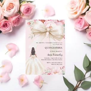 Invitation Boucles d'arc rose pâle robe crème Quinceanera