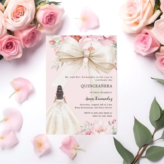 Invitation Boucles d'arc rose pâle robe crème Quinceanera