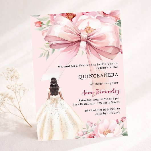 Invitation Boucles d'arc rose pâle robe Quinceanera