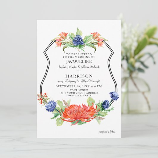 Invitation Bouclier Floral Aquarelle Chute Orange Mum Chardon (Debout devant)