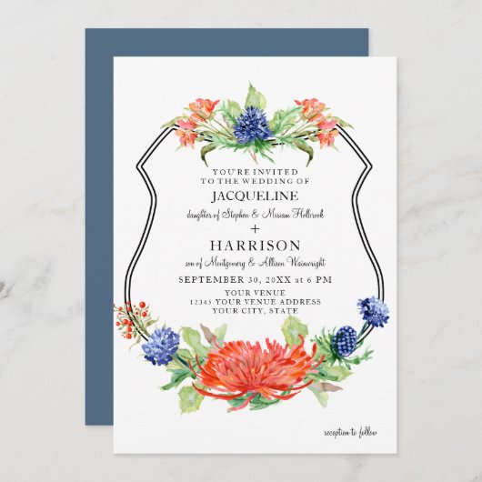 Invitation Bouclier Floral Aquarelle Chute Orange Mum Chardon (Devant / Derrière)