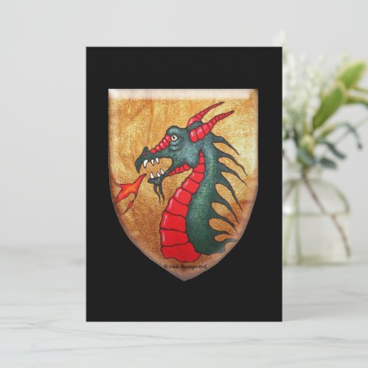 Invitation Bouclier médiéval de dragon vert (Debout devant)