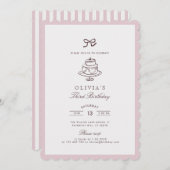 Invitation boue rose poussiéreuse, rose rayé | Inv. d'anniver (Devant / Derrière)