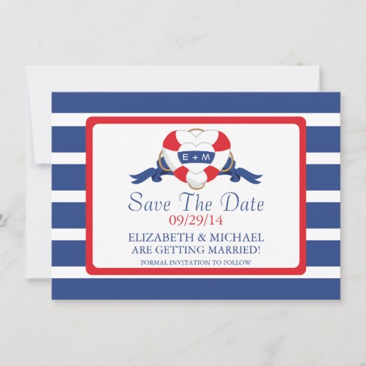 Invitation Bouée De Coeur Nautique Moderne Sauvez La Date (Devant)
