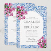 Invitation Bougainvillea Bluetile Mariage méditerranéen QR (Devant / Derrière)
