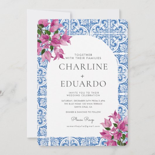 Invitation Bougainvillea Bluetile Mariage méditerranéen QR (Devant)