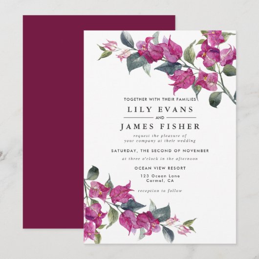 Invitation Bougainvillea Bourgogne Mariage rose (Devant / Derrière)