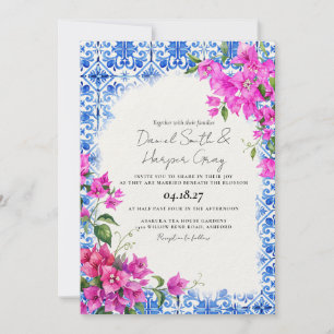 Invitation Bougainvillea Carreaux Bleus Mariage Élégant