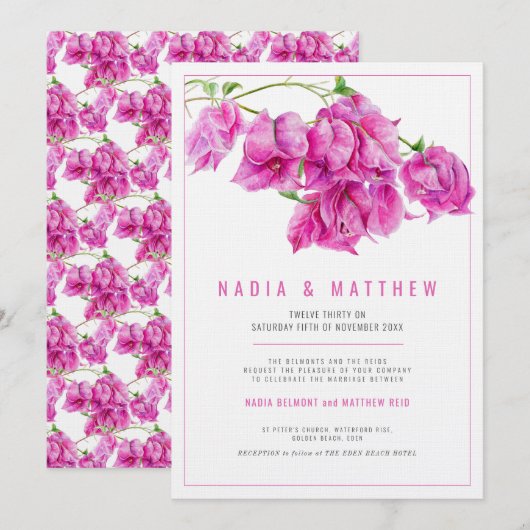 Invitation Bougainvillea rose violet mariage d'aquarelle (Devant / Derrière)