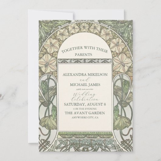 Invitation Bougainvillea Vert Art Nouveau Mucha Mariage (Devant)