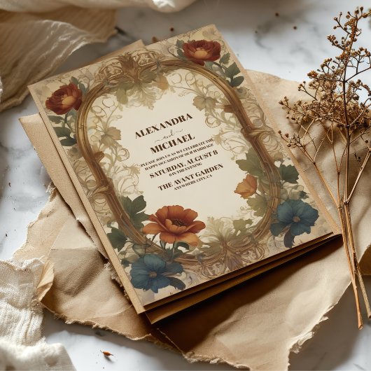 Invitation Bougainvillea Vert Mariage Art Nouveau Mucha