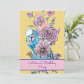 Invitation Bougie Bleu Oiseau Anniversaire Filles Rose Floral (Debout devant)