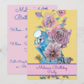 Invitation Bougie Bleu Oiseau Anniversaire Filles Rose Floral (Devant / Derrière)