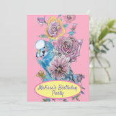 Invitation Bougie Bleu Oiseau Anniversaire Filles Rose Floral (Debout devant)