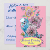 Invitation Bougie Bleu Oiseau Anniversaire Filles Rose Floral (Devant / Derrière)