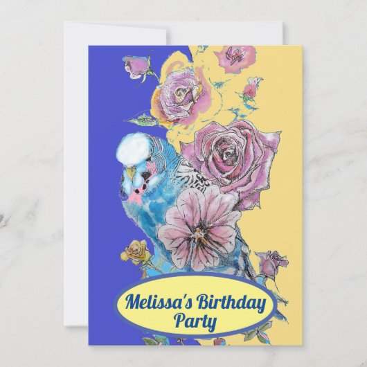 Invitation Bougie Bleu Oiseau Anniversaire Fleurs Roses Rouge (Devant)